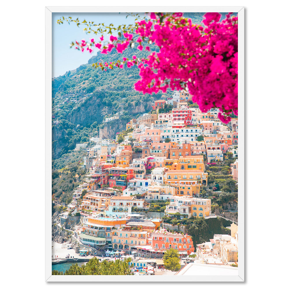 Positano Pretty Pink Cliffside - Art Print, Poster, Stretched Canvas, or Framed Wall Art Print, shown in a white frame