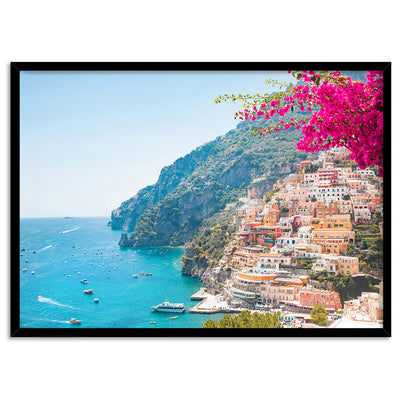 Pretty Pink Amalfi Coast View - Art Print, Poster, Stretched Canvas, or Framed Wall Art Print, shown in a black frame