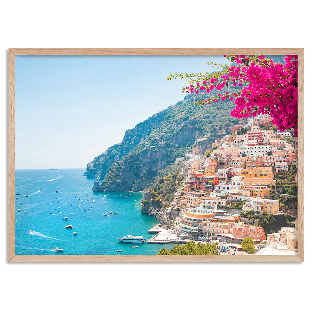 Pretty Pink Amalfi Coast View - Art Print, Poster, Stretched Canvas, or Framed Wall Art Print, shown in a natural timber frame