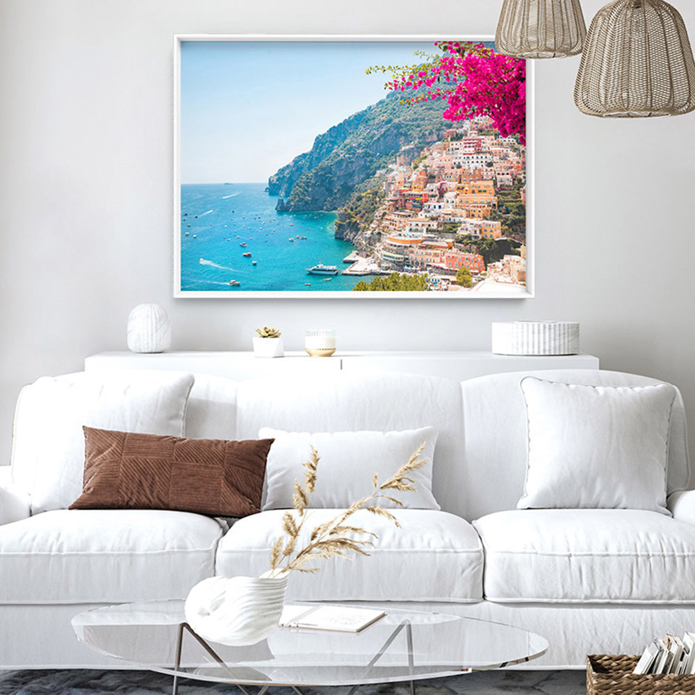 Pretty Pink Amalfi Coast View - Art Print, Poster, Stretched Canvas or Framed Wall Art, shown framed in a room