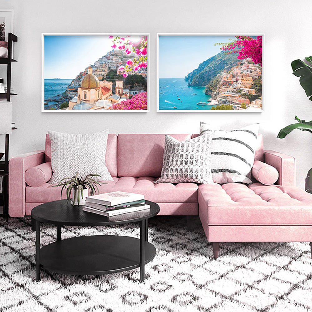 Pretty Pink Amalfi Coast View - Art Print, Poster, Stretched Canvas or Framed Wall Art, shown framed in a home interior space
