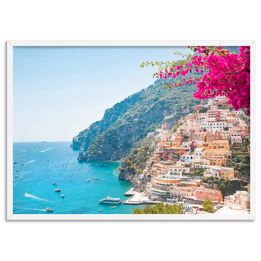 Pretty Pink Amalfi Coast View - Art Print, Poster, Stretched Canvas, or Framed Wall Art Print, shown in a white frame