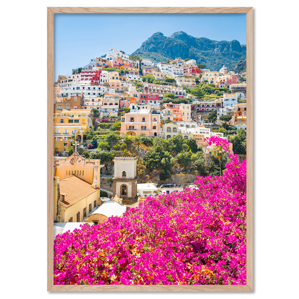 Positano Spring Blooms - Art Print, Poster, Stretched Canvas, or Framed Wall Art Print, shown in a natural timber frame