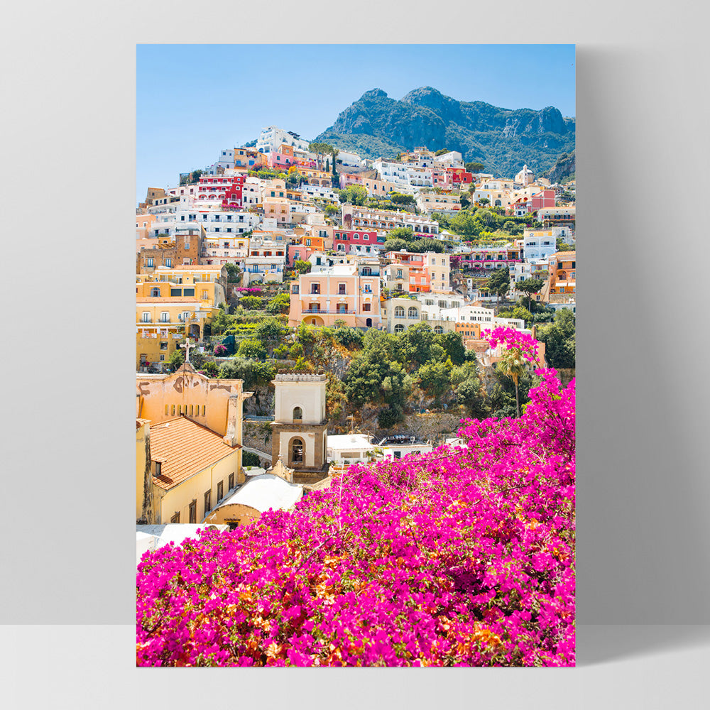 Positano Spring Blooms - Art Print, Poster, Stretched Canvas, or Framed Wall Art Print, shown as a stretched canvas or poster without a frame