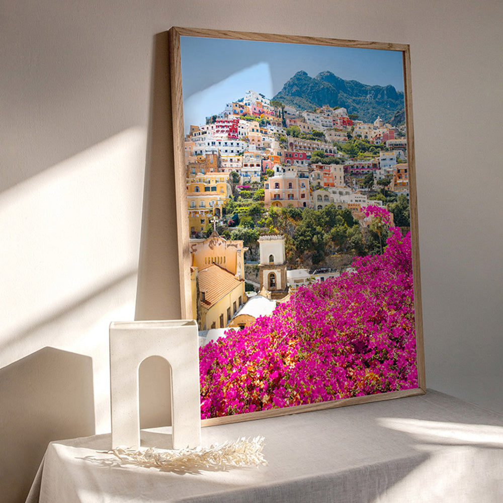 Positano Spring Blooms - Art Print, Poster, Stretched Canvas or Framed Wall Art, shown framed in a room