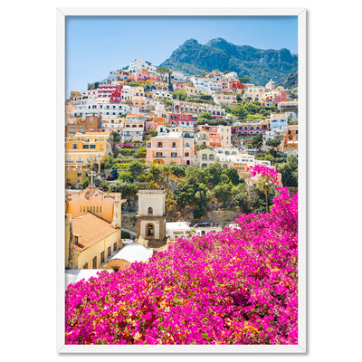 Positano Spring Blooms - Art Print, Poster, Stretched Canvas, or Framed Wall Art Print, shown in a white frame