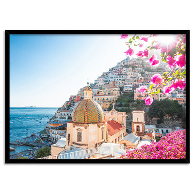 Positano Church in Blush - Art Print, Poster, Stretched Canvas, or Framed Wall Art Print, shown in a black frame
