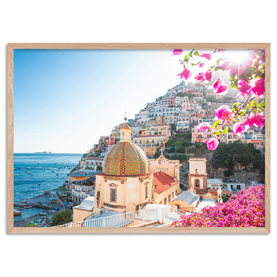 Positano Church in Blush - Art Print, Poster, Stretched Canvas, or Framed Wall Art Print, shown in a natural timber frame