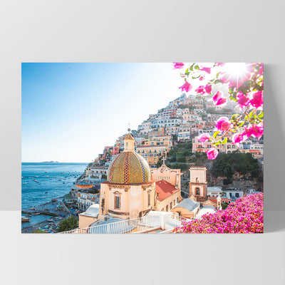 Positano Church in Blush - Art Print, Poster, Stretched Canvas, or Framed Wall Art Print, shown as a stretched canvas or poster without a frame