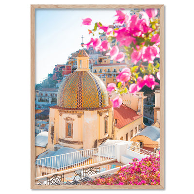 Positano Church in Blush II - Art Print, Poster, Stretched Canvas, or Framed Wall Art Print, shown in a natural timber frame