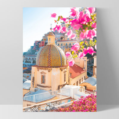 Positano Church in Blush II - Art Print, Poster, Stretched Canvas, or Framed Wall Art Print, shown as a stretched canvas or poster without a frame