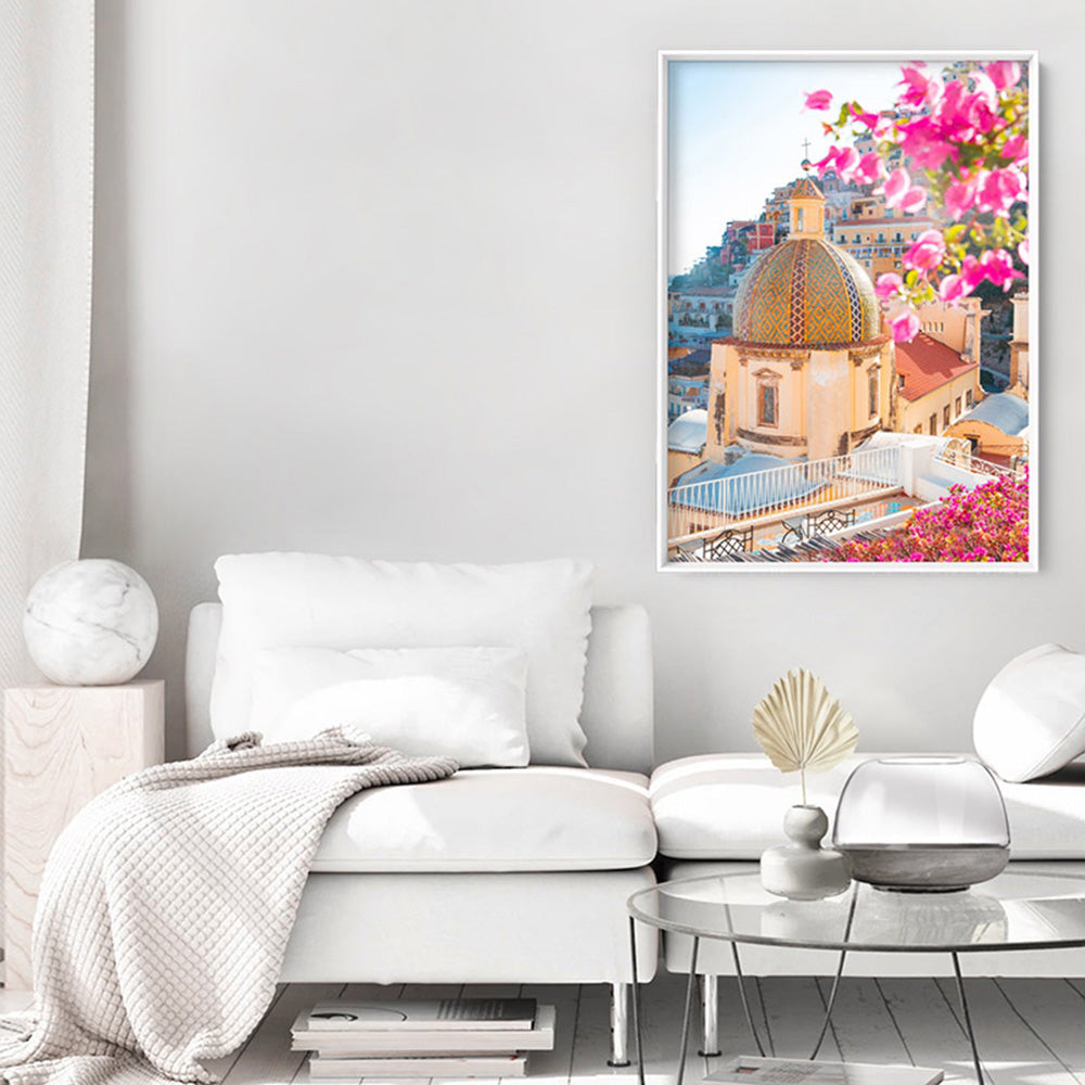 Positano Church in Blush II - Art Print, Poster, Stretched Canvas or Framed Wall Art, shown framed in a room
