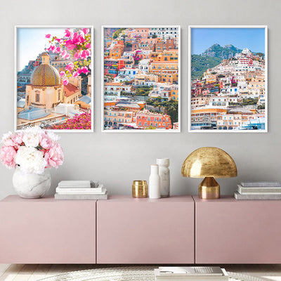 Positano Church in Blush II - Art Print, Poster, Stretched Canvas or Framed Wall Art, shown framed in a home interior space