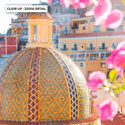 Positano Church in Blush II - Art Print, Poster, Stretched Canvas or Framed Wall Art, Close up View of Print Resolution