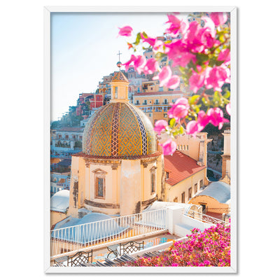 Positano Church in Blush II - Art Print, Poster, Stretched Canvas, or Framed Wall Art Print, shown in a white frame