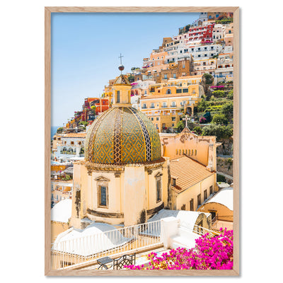 Positano Church in Blush III - Art Print, Poster, Stretched Canvas, or Framed Wall Art Print, shown in a natural timber frame