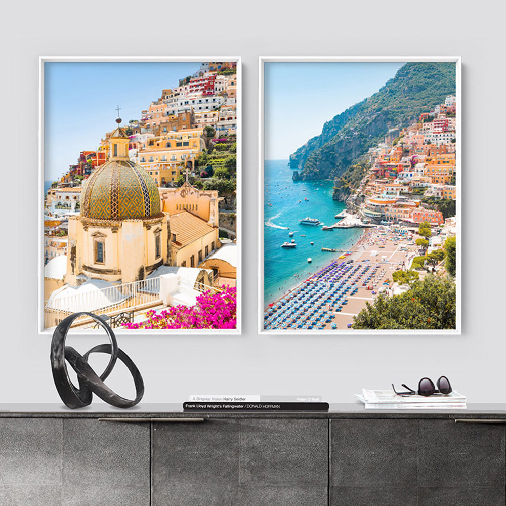 Positano Church in Blush III - Art Print, Poster, Stretched Canvas or Framed Wall Art, shown framed in a home interior space