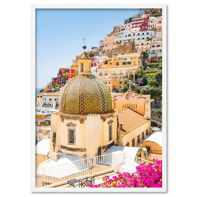 Positano Church in Blush III - Art Print, Poster, Stretched Canvas, or Framed Wall Art Print, shown in a white frame