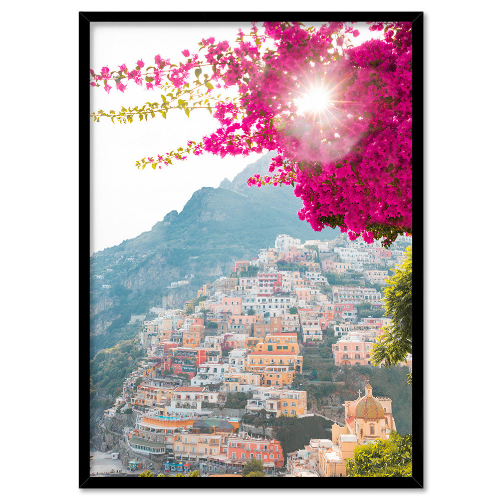 Positano Sunset Sparkle - Art Print, Poster, Stretched Canvas, or Framed Wall Art Print, shown in a black frame