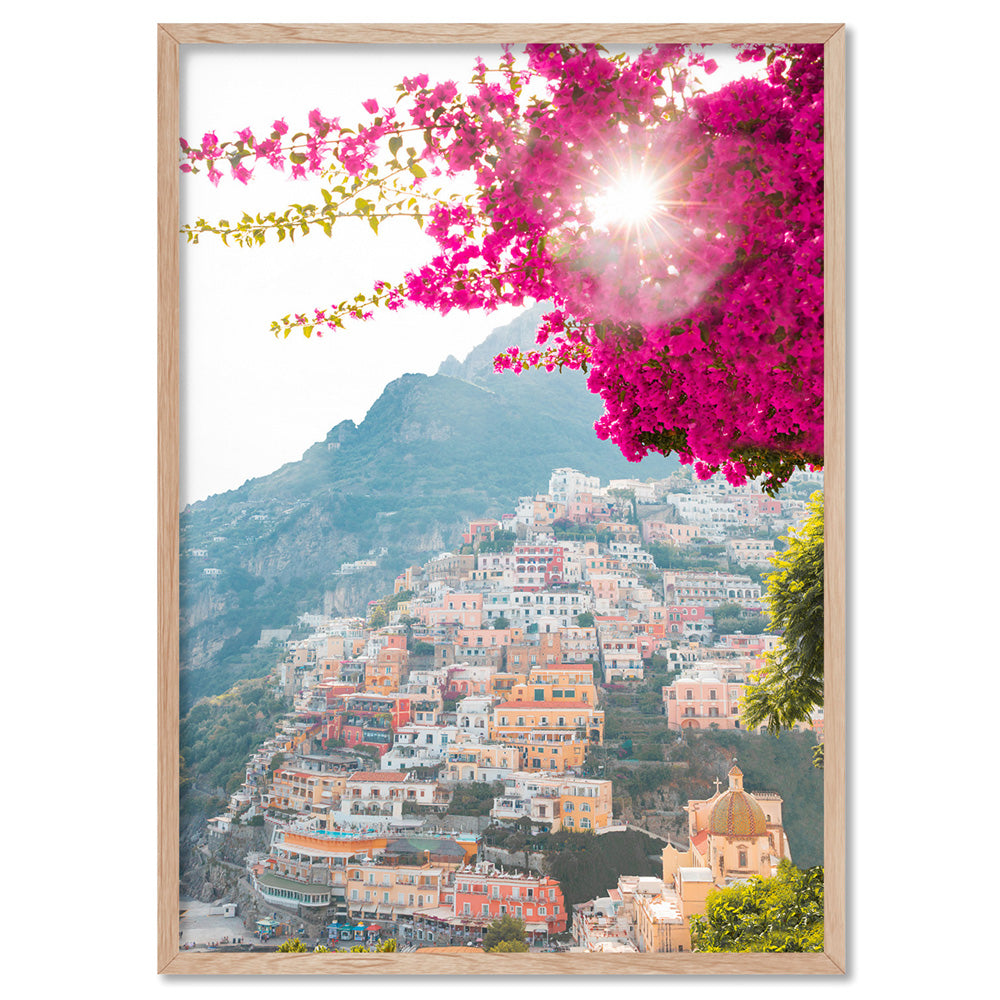 Positano Sunset Sparkle - Art Print, Poster, Stretched Canvas, or Framed Wall Art Print, shown in a natural timber frame