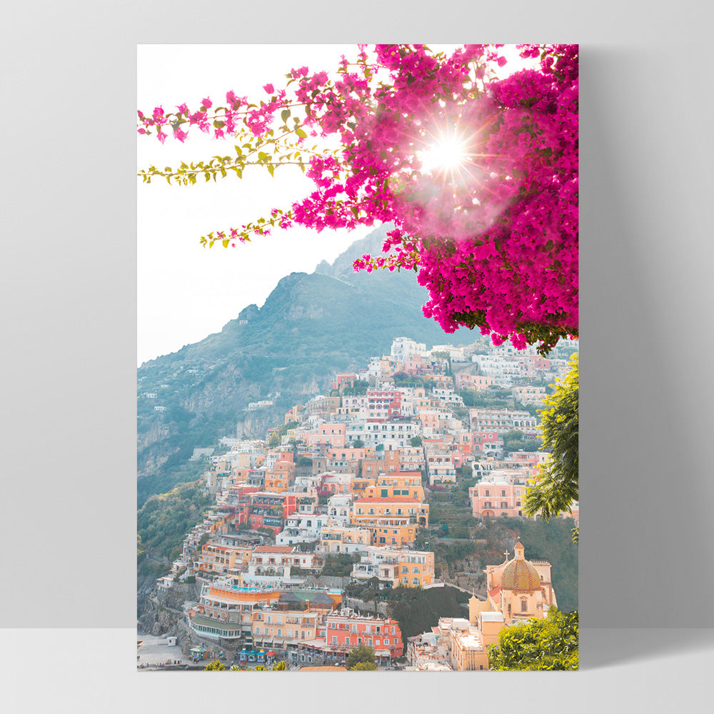 Positano Sunset Sparkle - Art Print, Poster, Stretched Canvas, or Framed Wall Art Print, shown as a stretched canvas or poster without a frame