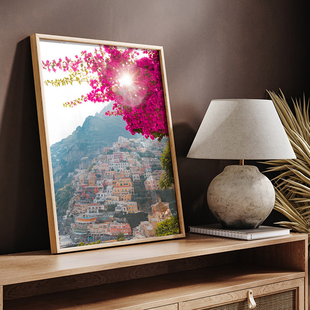 Positano Sunset Sparkle - Art Print, Poster, Stretched Canvas or Framed Wall Art, shown framed in a room