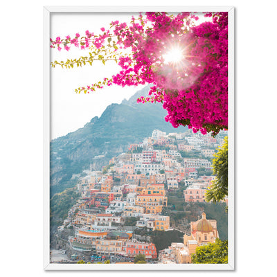Positano Sunset Sparkle - Art Print, Poster, Stretched Canvas, or Framed Wall Art Print, shown in a white frame