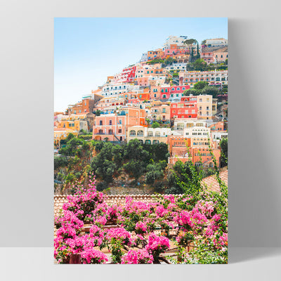 Pretty Positano Village - Art Print, Poster, Stretched Canvas, or Framed Wall Art Print, shown as a stretched canvas or poster without a frame