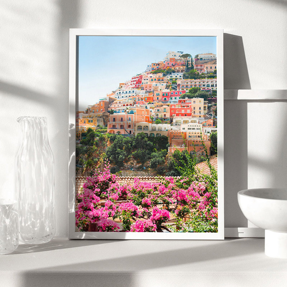 Pretty Positano Village - Art Print, Poster, Stretched Canvas or Framed Wall Art, shown framed in a room