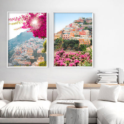 Pretty Positano Village - Art Print, Poster, Stretched Canvas or Framed Wall Art, shown framed in a home interior space