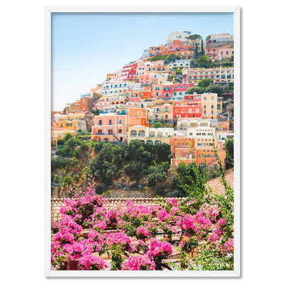 Pretty Positano Village - Art Print, Poster, Stretched Canvas, or Framed Wall Art Print, shown in a white frame