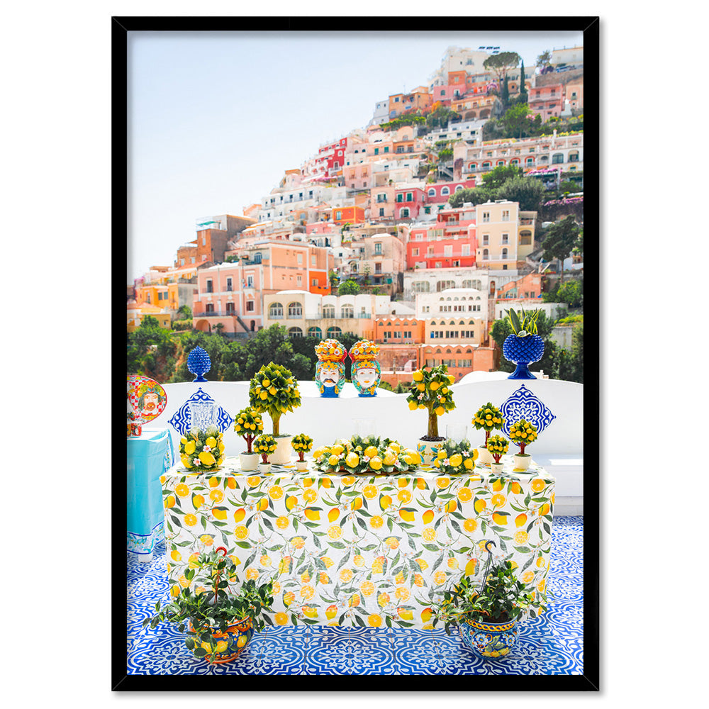 Positano Lemons Amalfi Coast - Art Print, Poster, Stretched Canvas, or Framed Wall Art Print, shown in a black frame