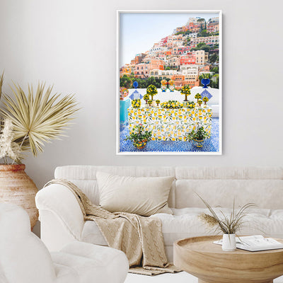 Positano Lemons Amalfi Coast - Art Print, Poster, Stretched Canvas or Framed Wall Art, shown framed in a room
