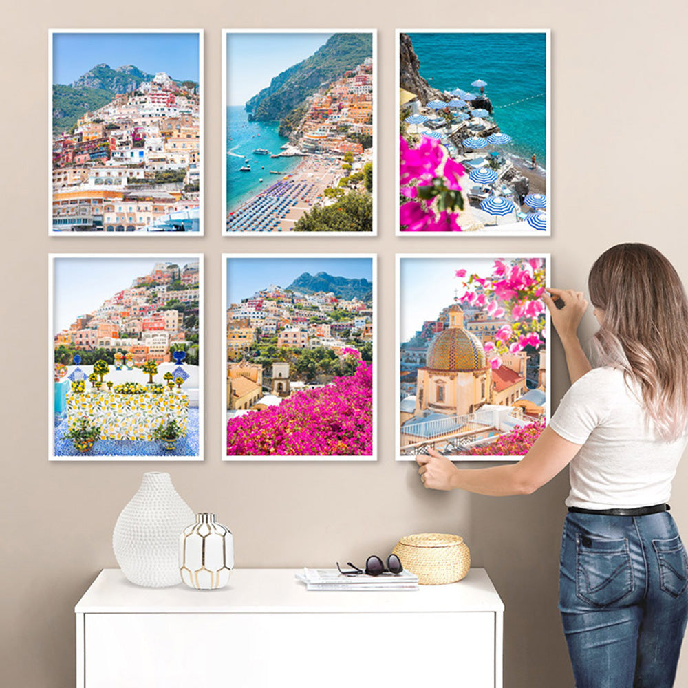 Positano Lemons Amalfi Coast - Art Print, Poster, Stretched Canvas or Framed Wall Art, shown framed in a home interior space