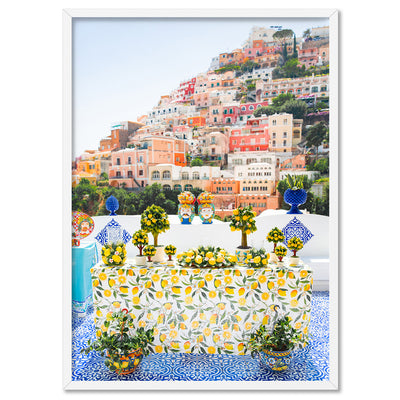 Positano Lemons Amalfi Coast - Art Print, Poster, Stretched Canvas, or Framed Wall Art Print, shown in a white frame