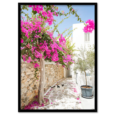 Santorini in Spring | Stone Path - Art Print, Poster, Stretched Canvas, or Framed Wall Art Print, shown in a black frame
