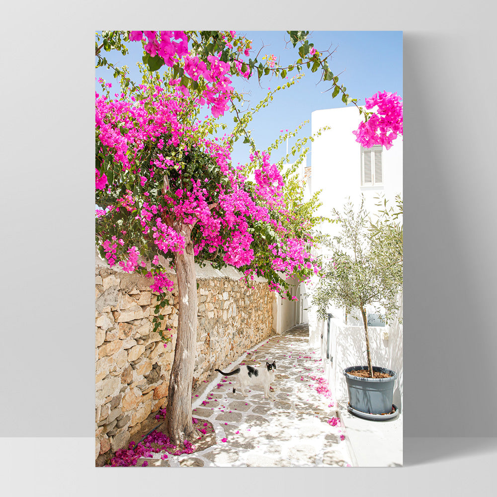 Santorini in Spring | Stone Path - Art Print, Poster, Stretched Canvas, or Framed Wall Art Print, shown as a stretched canvas or poster without a frame