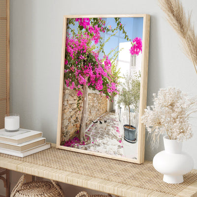 Santorini in Spring | Stone Path - Art Print, Poster, Stretched Canvas or Framed Wall Art, shown framed in a room