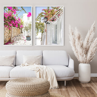Santorini in Spring | Stone Path - Art Print, Poster, Stretched Canvas or Framed Wall Art, shown framed in a home interior space