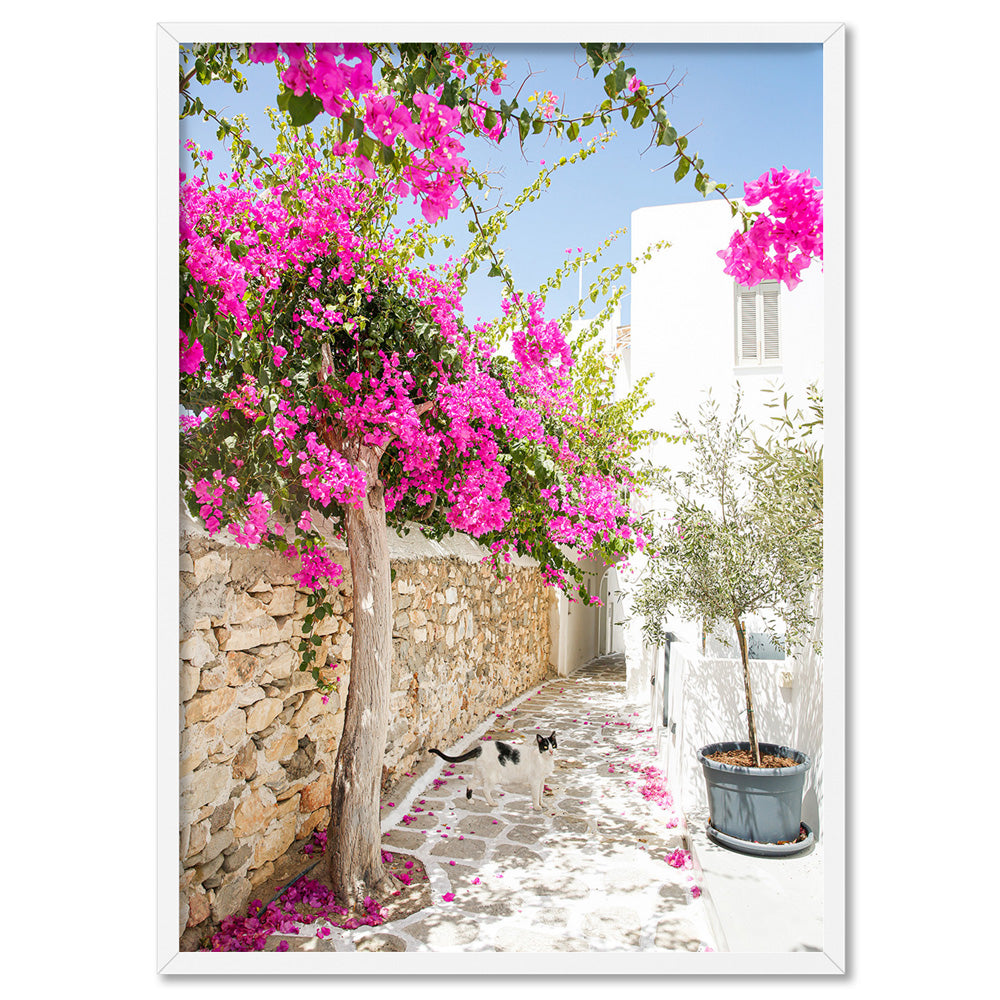Santorini in Spring | Stone Path - Art Print, Poster, Stretched Canvas, or Framed Wall Art Print, shown in a white frame