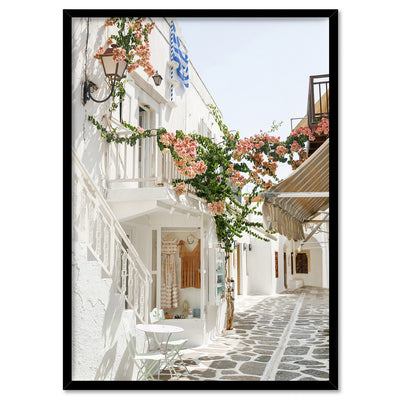 Santorini in Spring | White Terrace Shops - Art Print, Poster, Stretched Canvas, or Framed Wall Art Print, shown in a black frame