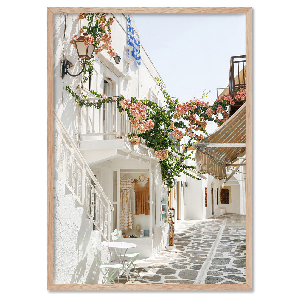 Santorini in Spring | White Terrace Shops - Art Print, Poster, Stretched Canvas, or Framed Wall Art Print, shown in a natural timber frame