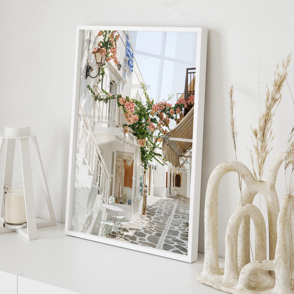 Santorini in Spring | White Terrace Shops - Art Print, Poster, Stretched Canvas or Framed Wall Art, shown framed in a room