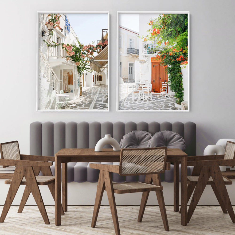 Santorini in Spring | White Terrace Shops - Art Print, Poster, Stretched Canvas or Framed Wall Art, shown framed in a home interior space
