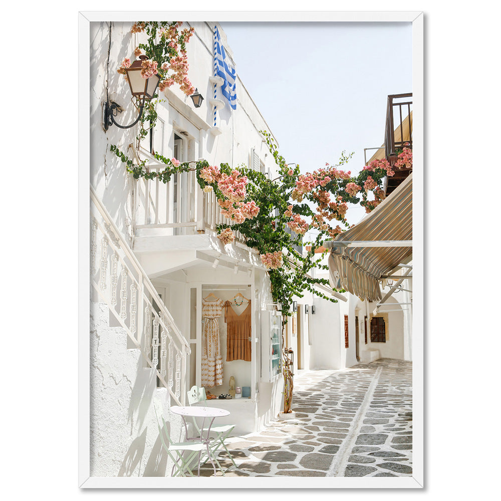 Santorini in Spring | White Terrace Shops - Art Print, Poster, Stretched Canvas, or Framed Wall Art Print, shown in a white frame