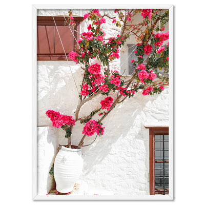 Santorini in Spring | Potted Bougainvillea - Art Print, Poster, Stretched Canvas, or Framed Wall Art Print, shown in a white frame